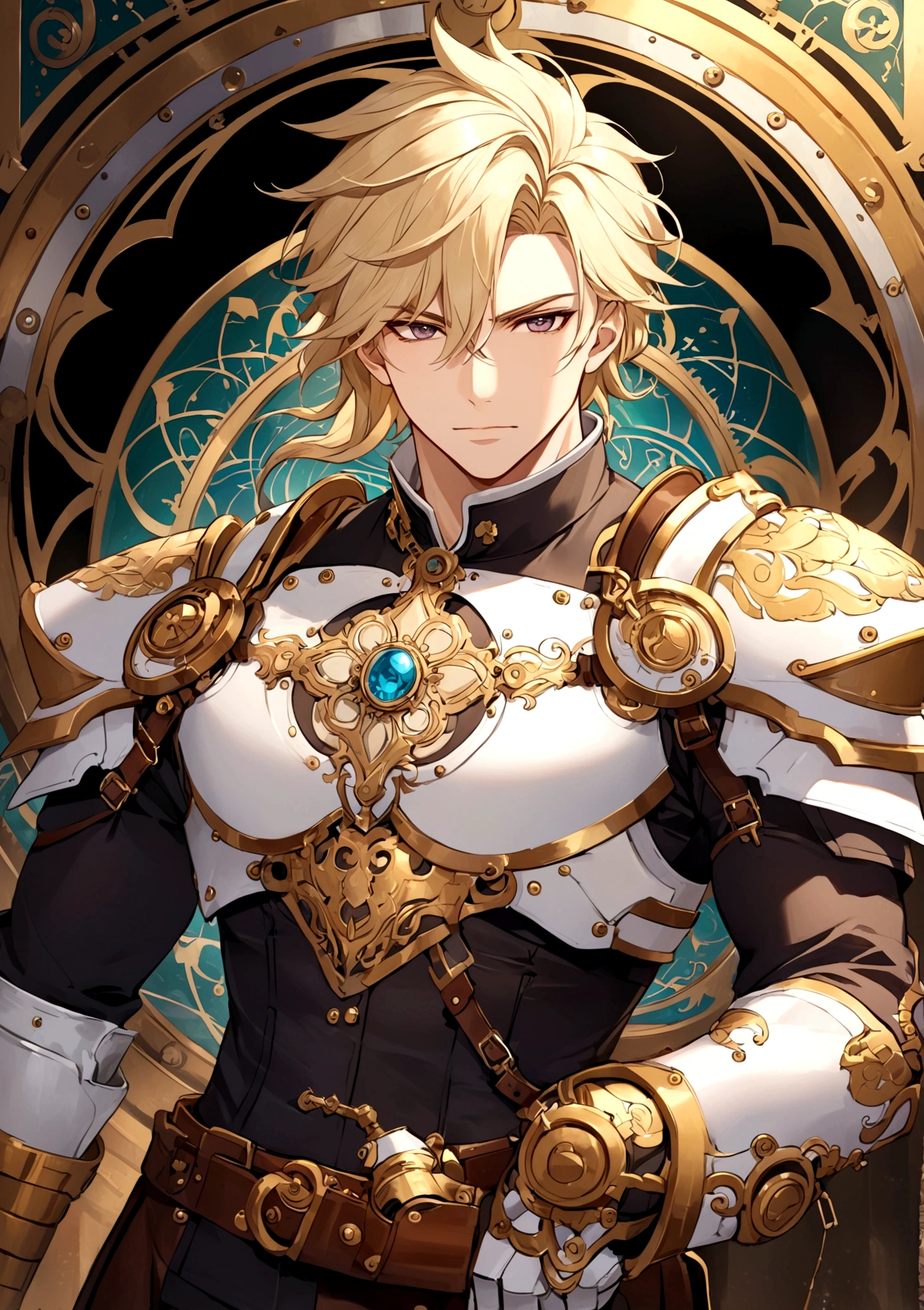 Heavy Armor,Tech Armor,(White Armor),(The exquisite and gorgeous golden pattern on the armor),Steampunk elements,handsome guy,Boss,Perseverance,Chest muscles,Golden to white hair,(Complex and exquisite steampunk background),masterpiece,Strong light and shadow,Beautiful details,View from the top,(zentangle,mandala,tangle,winding),(vine: 1.2)Official Art,Unite