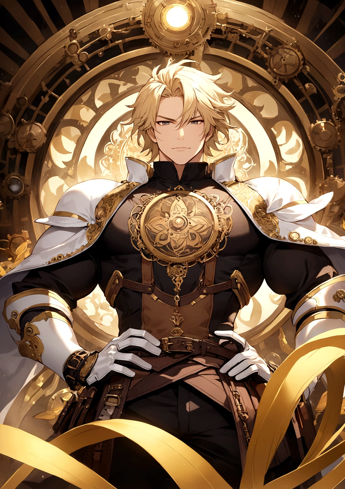 Heavy Armor,Tech Armor,(White Armor),(The exquisite and gorgeous golden pattern on the armor),Steampunk elements,handsome guy,Boss,Perseverance,Chest muscles,Golden to white hair,(Complex and exquisite steampunk background),masterpiece,Strong light and shadow,Beautiful details,View from the top,(zentangle,mandala,tangle,winding),(vine: 1.2)Official Art,Unite