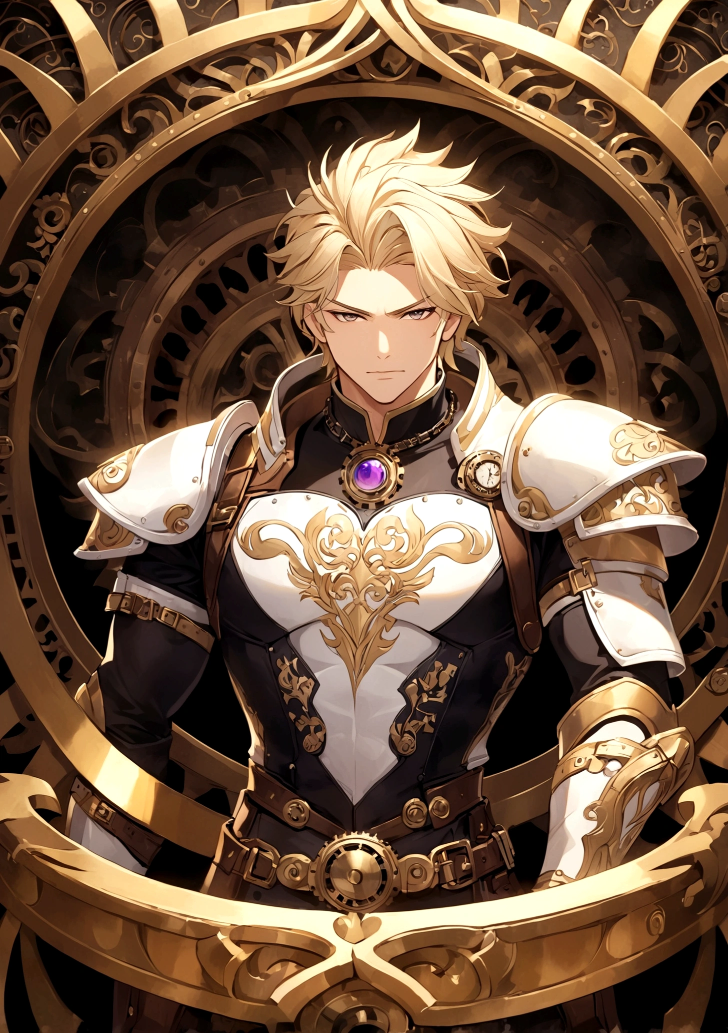 Heavy Armor,Tech Armor,(White Armor),(The exquisite and gorgeous golden pattern on the armor),Steampunk elements,handsome guy,Boss,Perseverance,Chest muscles,Golden to white hair,(Complex and exquisite steampunk background),masterpiece,Strong light and shadow,Beautiful details,View from the top,(zentangle,mandala,tangle,winding),(vine: 1.2)Official Art,Unite