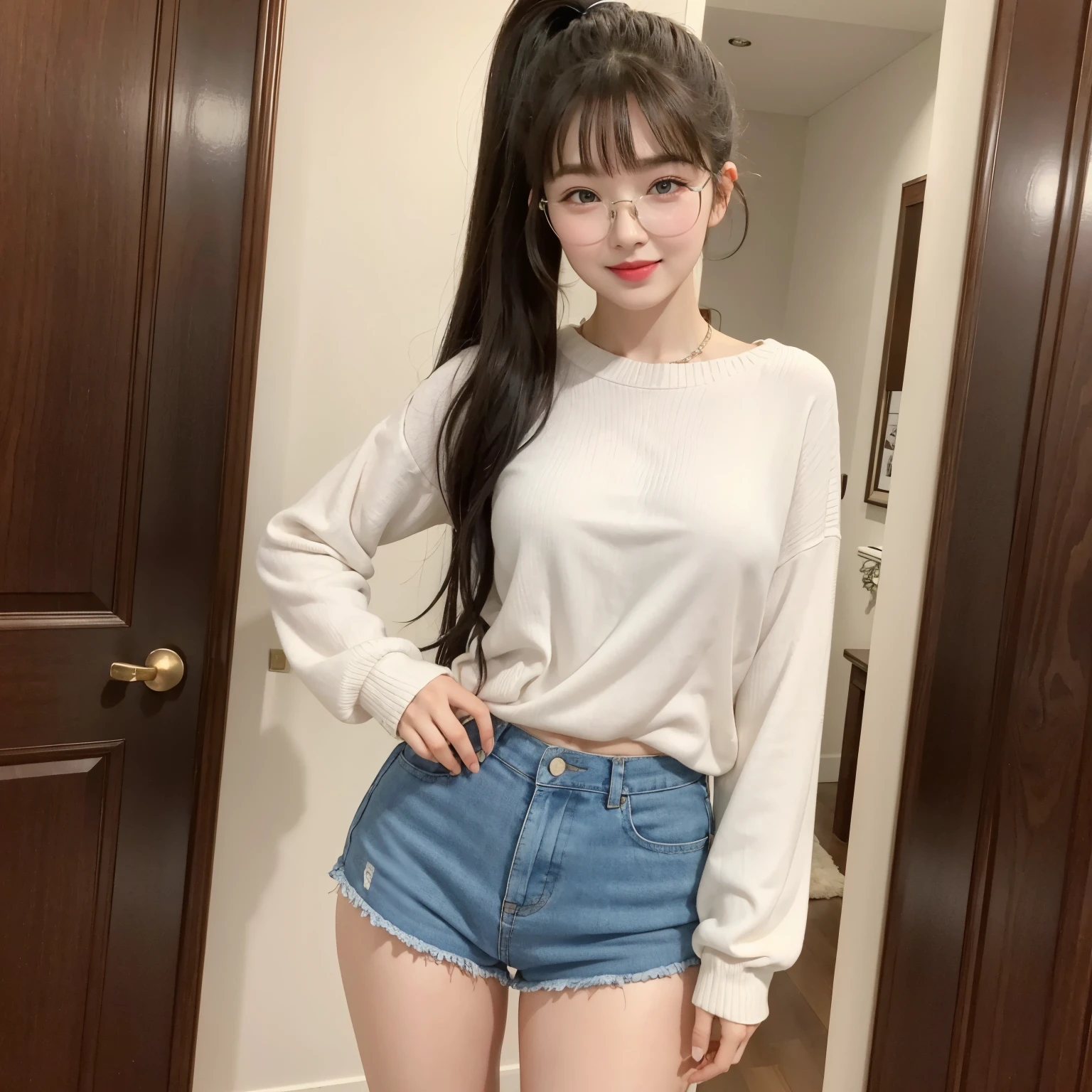 (Best quality, masterpiece, detailed), (RAW, 4k, hd images), shy, 1 girl, 17 years old, white skin, long hair, ponytail, layers hair, bangs, black hair, beautiful girl, cute girl, sweet girl, pretty girl, perfect girl, pretty eyes, blue eyes, thin lips, thin, (eye line, lip stick soft), perfect , glasses(detailed frame), indoors, smile, thigh, oversize clothes, standing, pose like a model, facing on camera, full body, full legs
