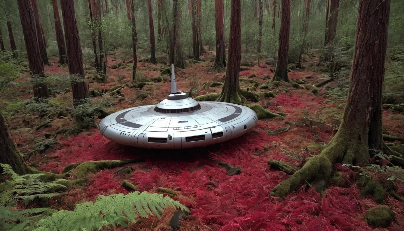 a spaceship landing in a clearing in the middle of a wonderful red forest, very detailed, photographic, cinematic, 4k, tree trunks with realistic texture, undergrowth also with reddish tones, an incredible forest worthy of fantasy books. broad view