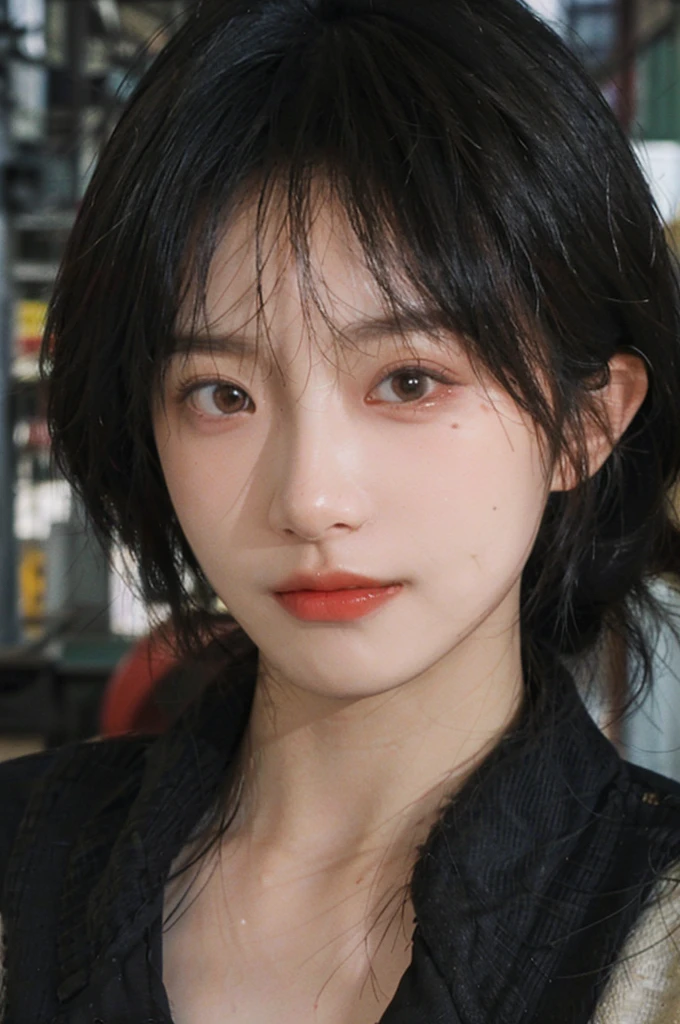 (Skin details:1.4), (smooth skin textures:1.3), Lipstick, background, earrings, serene, calm, (Dress conservatively:1.8),(Realistic and detailed eyes:1.2), Natural skin texture, Realistic facial details, Soft dramatic lighting, Vivid details, 35 mm film, outdoor, (Photo Practical:1.4), (hyper Practical:1.4), (Practical:1.3), (Smoother lighting:1.05), (Improve lighting quality:0.9), (Highest quality real skin textures:1.4), Exquisite eyes, Delicate face, Close-up of face, (Enhance the beauty of skin texture:1.1), Hair details, model,normal body ratio, short hair, Moles under the eyes, Medium shot,Portrait Photography, Depth of Field, Bokeh, Surrealism, Ray Tracing, (Portrait Photography:1.1), Surrealism, High Detail, Chiaroscuro, Ray Tracing, reflected light, Ultra HD, Ultra HD, masterpiece, Textured Skin, Super Detail, High Detail, high quality, best quality