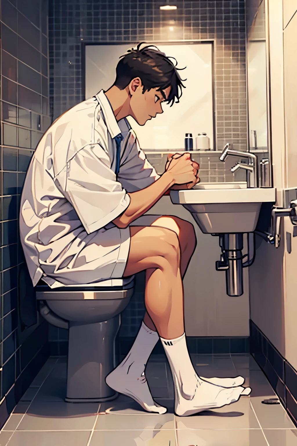 Student man wearing white Nike socks pooping in the bathroom, side view