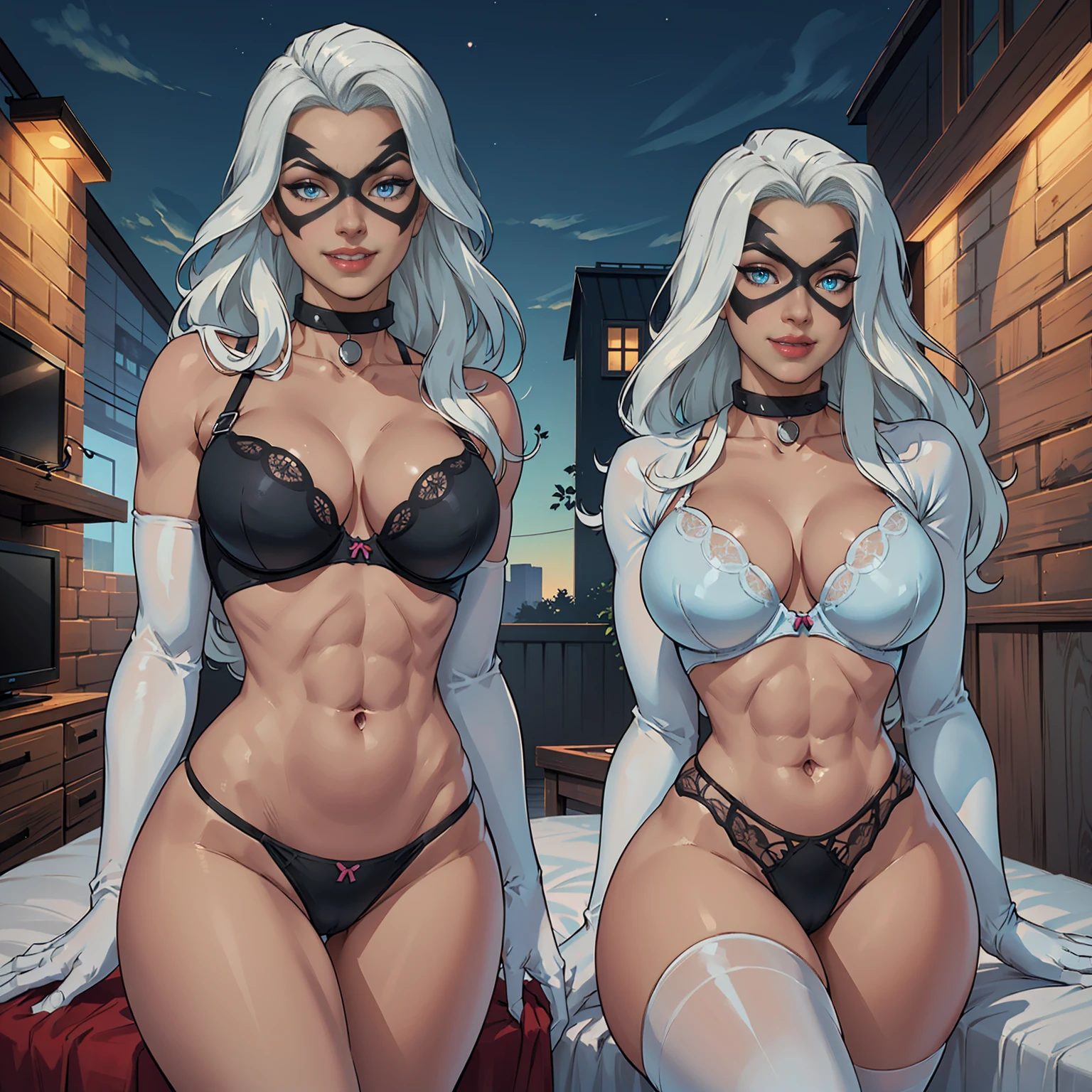 Black Cat, ((long white hair, glowing blue eyes, makeup, narrow waist, skinny, medium breasts)), pelvic curtain, ((black panties, balck bra, domino mask, white gloves,collar)), full body, perfect body, (insanely detailed, beautiful detailed face, masterpiece, best quality) , (((solo))), (((1girl))), (((mature))), (extremely detailed 8k paper CG wall unit: 1.1), (bed, bedroom, night), (smile face for the viewer), eropose, behind, underbutt, below
