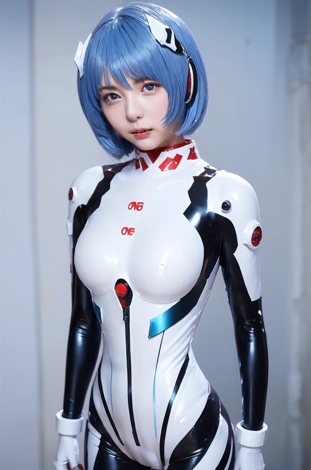 ((One Girl:1.4)),(masterpiece, Highest quality), ayanami,Plug Suit, Bodysuits, Interface Headset, white Bodysuits, Are standing,((Looking into the camera)),Blue Hair、Berry Short、(((I can see your chest)))