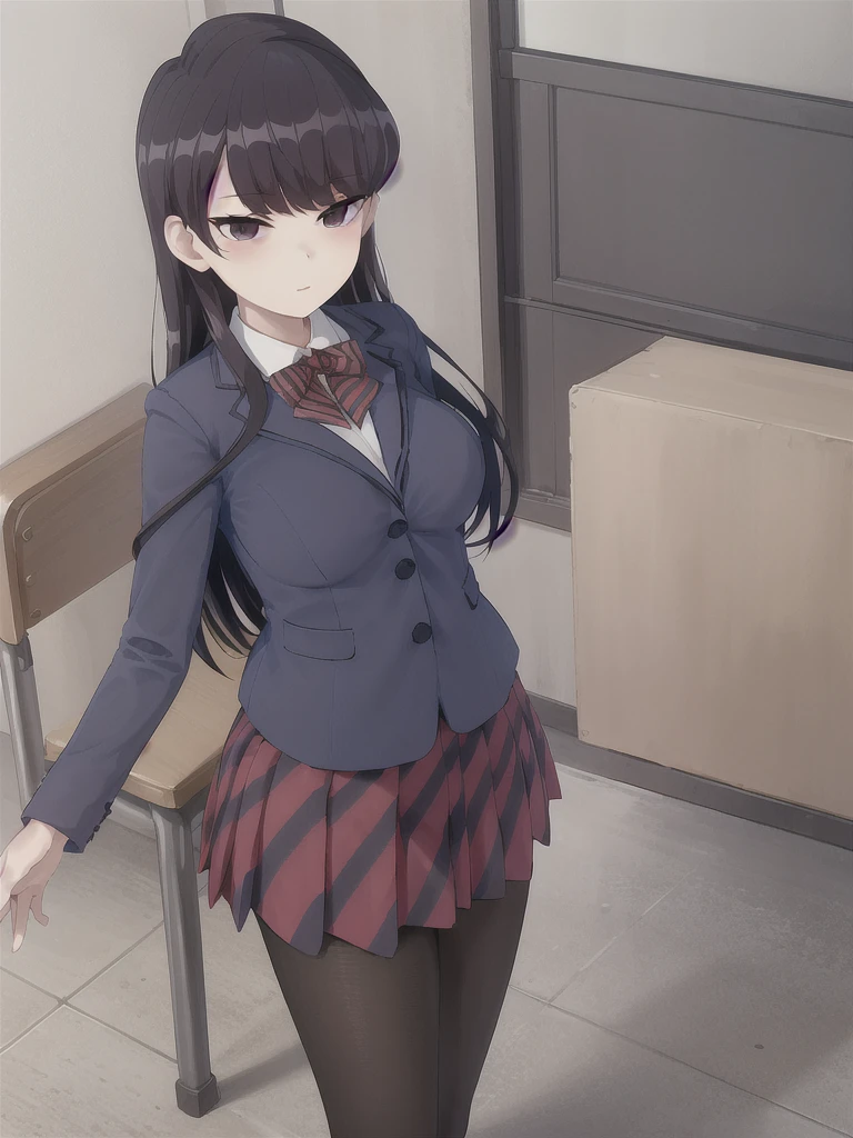 masterpiece, best quality, 1girl, solo, komi-san wa komyushou desu, ks , blue jacket, white shirt, striped bowtie, red skirt, black pantyhose, looking at viewer, (classroom), cowboy shot 