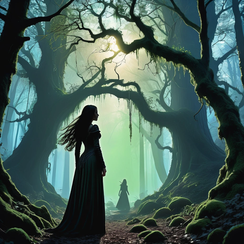 the back view of a young girl with long, flowing black hair cascading down her back, dressed in an intricately detailed black medieval outfit. She stands in the heart of an ancient forest, where towering trees with twisted branches loom overhead, and the forest floor is carpeted with moss and fallen leaves. The dim light filters through the dense canopy, casting an eerie glow and long shadows that add a sense of mystery and enchantment to the scene. The girl's posture is calm yet purposeful, as if she is on a quest or lost in thought, blending seamlessly with the dark, atmospheric surroundings of the enchanted woodland. The overall mood should evoke a sense of medieval dark fantasy, with elements of intrigue and subtle hints of magic."