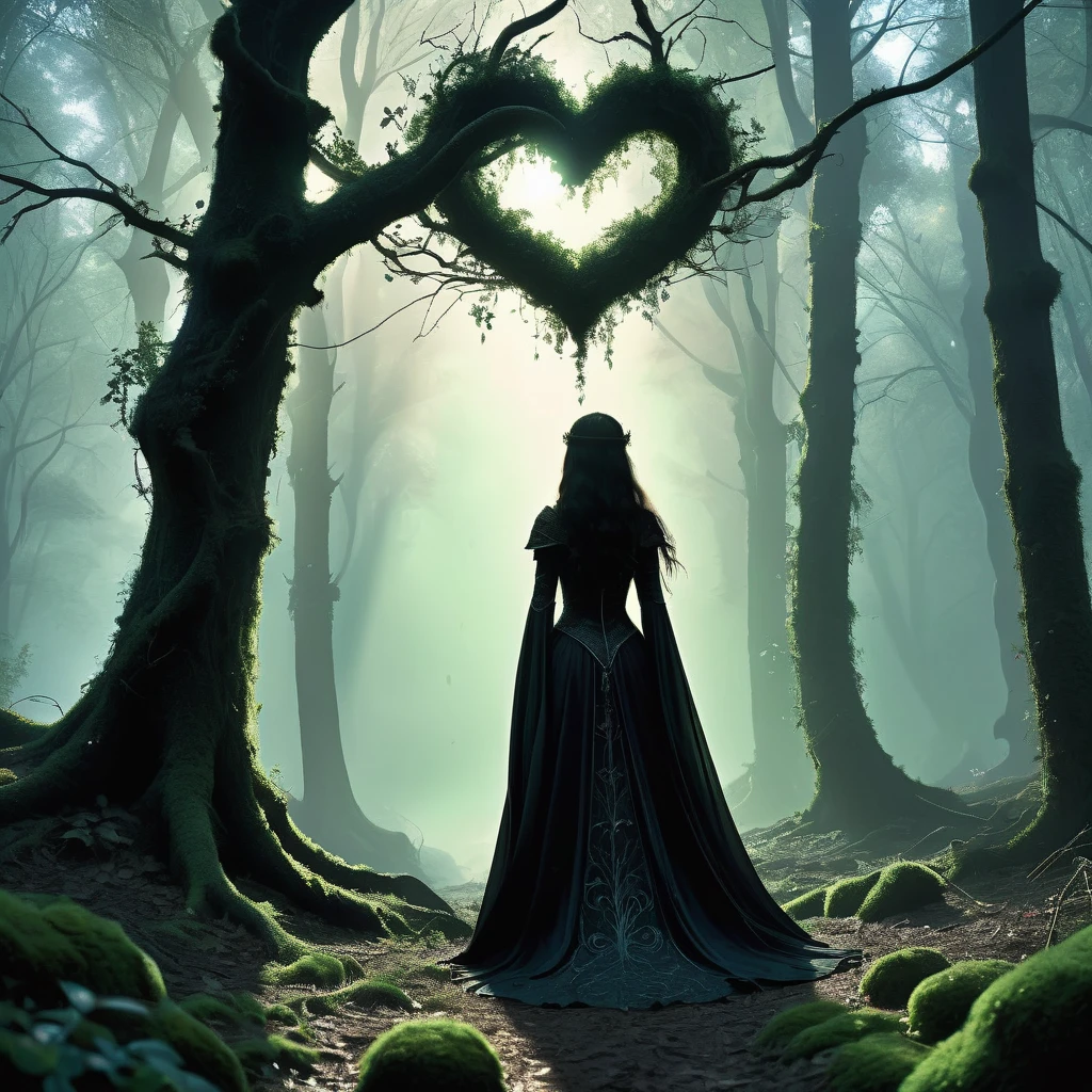 the back view of a young girl with long, flowing black hair cascading down her back, dressed in an intricately detailed black medieval outfit. She stands in the heart of an ancient forest, where towering trees with twisted branches loom overhead, and the forest floor is carpeted with moss and fallen leaves. The dim light filters through the dense canopy, casting an eerie glow and long shadows that add a sense of mystery and enchantment to the scene. The girl's posture is calm yet purposeful, as if she is on a quest or lost in thought, blending seamlessly with the dark, atmospheric surroundings of the enchanted woodland. The overall mood should evoke a sense of medieval dark fantasy, with elements of intrigue and subtle hints of magic."