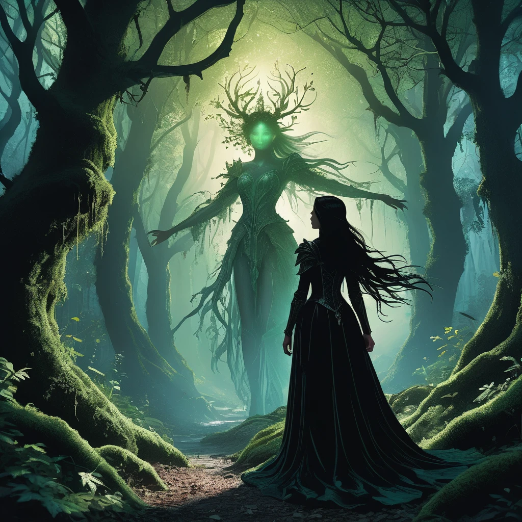 the back view of a young girl with long, flowing black hair cascading down her back, dressed in an intricately detailed black medieval outfit. She stands in the heart of an ancient forest, where towering trees with twisted branches loom overhead, and the forest floor is carpeted with moss and fallen leaves. The dim light filters through the dense canopy, casting an eerie glow and long shadows that add a sense of mystery and enchantment to the scene. The girl's posture is calm yet purposeful, as if she is on a quest or lost in thought, blending seamlessly with the dark, atmospheric surroundings of the enchanted woodland. The overall mood should evoke a sense of medieval dark fantasy, with elements of intrigue and subtle hints of magic."