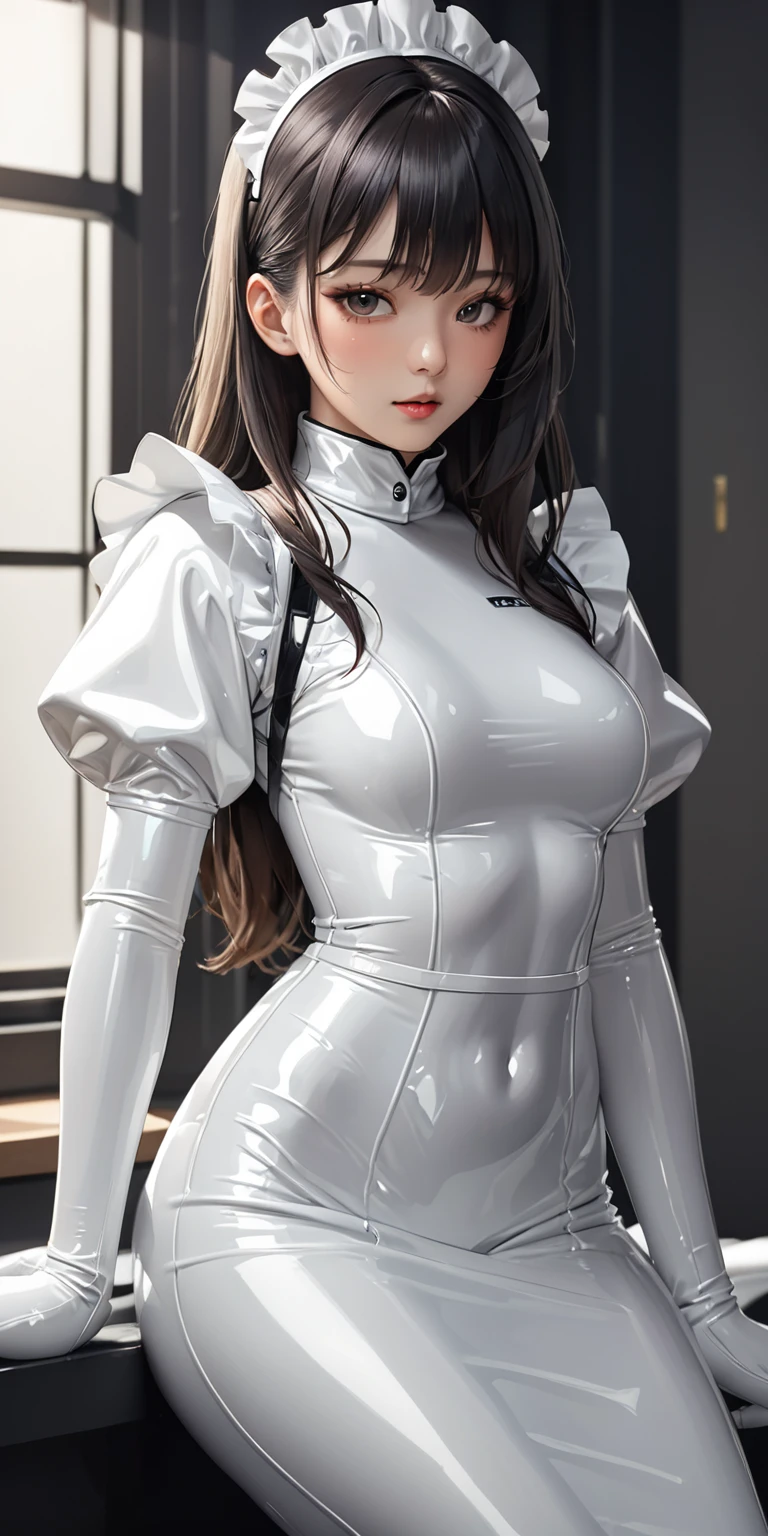 Portraiture、(masterpiece,Highest quality,Ultra-high resolution),Japanese women, (((Very beautiful 25 year old girl))),(White latex maid outfit)、(White latex long skirt)、(A long-sleeved white latex shirt covering the upper body)、White latex long gloves、White latex socks、Latex bodysuit、The clothes fit snugly to the body、Latex is very shiny、Dark Room、