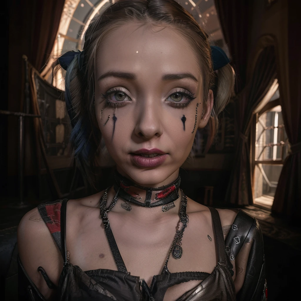 realistic, photorealistic, hyper-detailed, 1girl, Harley Quinn, beautiful detailed eyes, beautiful detailed lips, extremely detailed face, long eyelashes, crazy makeup, sexy small outfit, guns, pet hyenas, posing crazy and sexy, Joker themed throne, Fun House of Death, fantasy, dark, dramatic lighting, moody atmosphere, vivid colors, cinematic composition, intricate details, highly polished, digital art