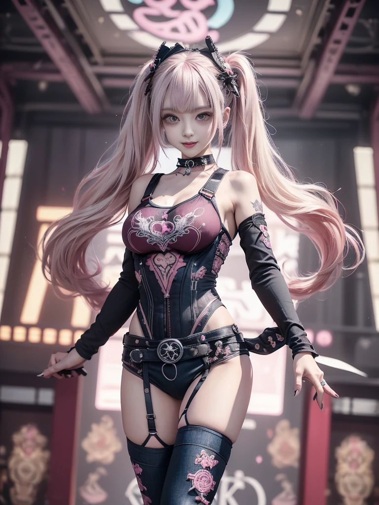 (Full Body View:1.2)、(lotus position:1.1)、(Smiling with teeth showing:1.3),(Shibuya Gal:1.5)、(Gothic Lolita style fashion:1.5)、(Punk RockVisual Kei:1.5)、(Wearing a rhythmic gymnastics bodysuit with intricate details:1.4)、(Racing suit and pants with intricate decorations in magenta, denim and wine red:1.5)、(Red, brown and white boots:1.3)、((belt))、(Numerous delicate logo marks all over the costume:1.4)、(collar:1.3)、(Striped underwear:1.5)、20-year-old、NSFW、((Highest quality、In 8K、masterpiece:1.3))、Sharp focus:1.2、(Layered Cut、Huge boobs:1.1),Beautiful woman with perfect figure:1.4、(Dancing vigorously:1.3)、Slender Abs:1.2、Highly detailed face and skin texture、Detailed eyes、double eyelid,(Twin tails:1.3)、(Pink and cream hair:1.3)、Gravure idol、(The background is the stage of the fashion show:1.3)、(Slim body:1.3),(Make your legs thinner:1.4),(clavicle:1.1)、(Thin and slim thighs:1.3)