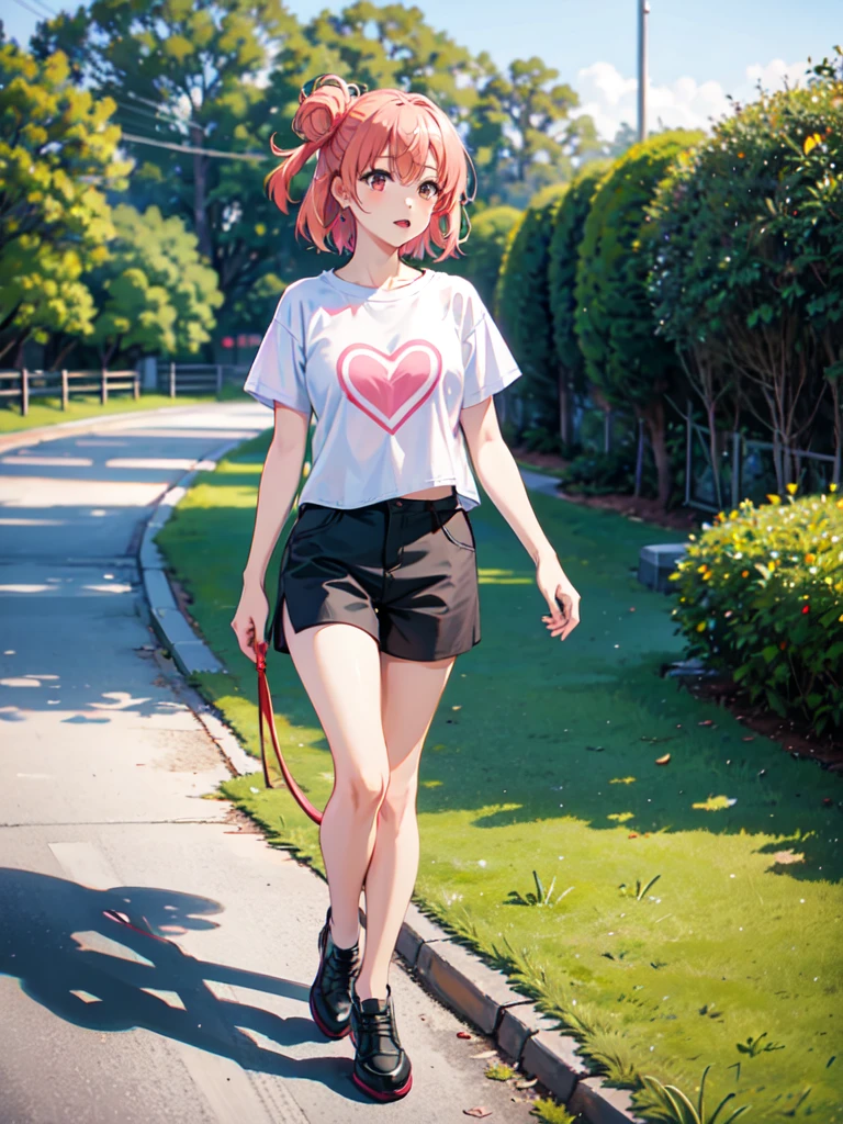 masterpiece, high quality, yuigahama yui walking in the park, holding red leash, stone path, grass, black shorts, short pink hair, pink eyes, white T-shirt with pink logo, heart logo on shirt, black shoes