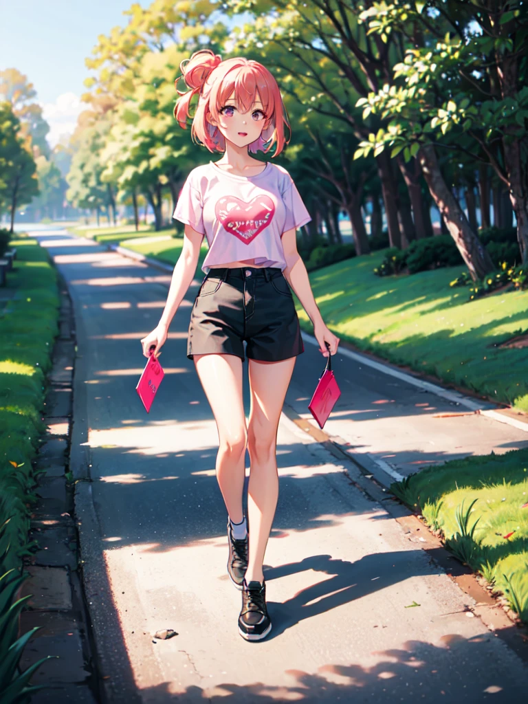 masterpiece, high quality, yuigahama yui walking in the park, holding red leash, stone path, grass, black shorts, short pink hair, pink eyes, white T-shirt with pink logo, heart logo on shirt, black shoes