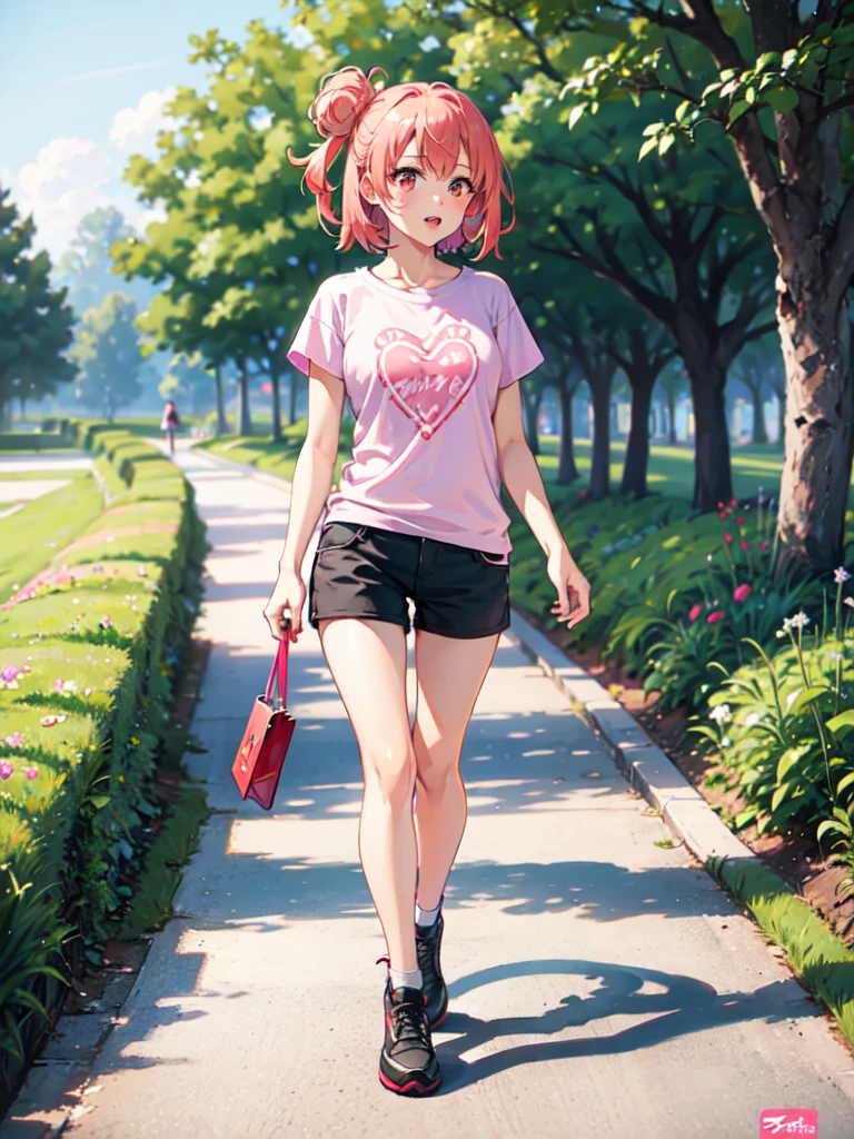 masterpiece, high quality, yuigahama yui walking in the park, holding red leash, stone path, grass, black shorts, short pink hair, pink eyes, white T-shirt with pink logo, heart logo on shirt, black shoes