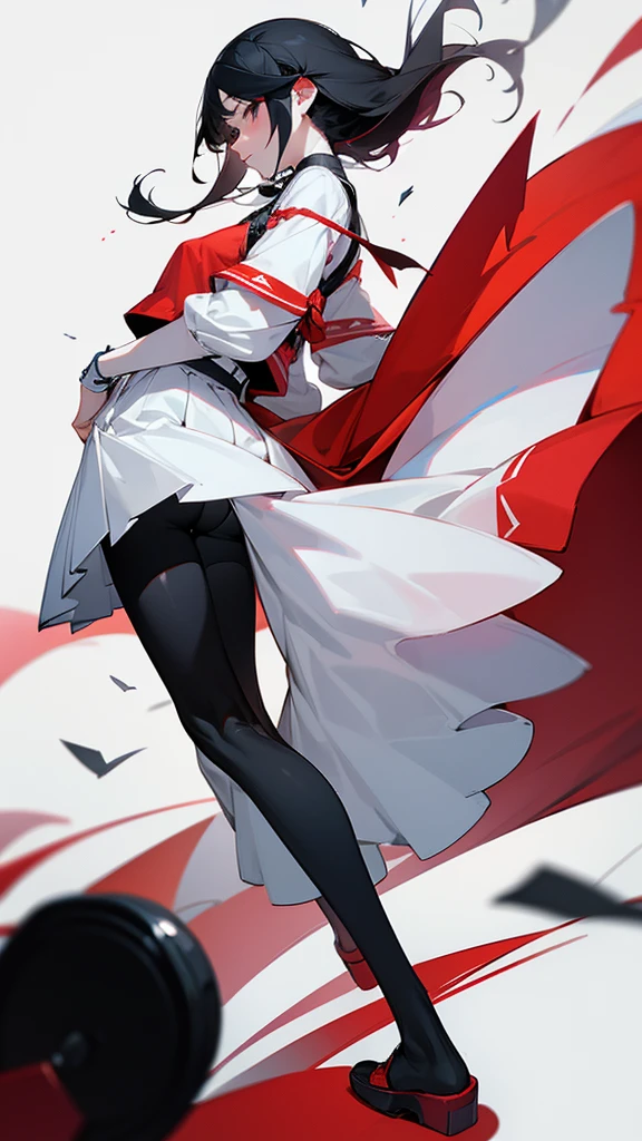 black tights、Desireful love、Black hair base、Hair Inner Color Red、skirt、Low - Angle、White Pants