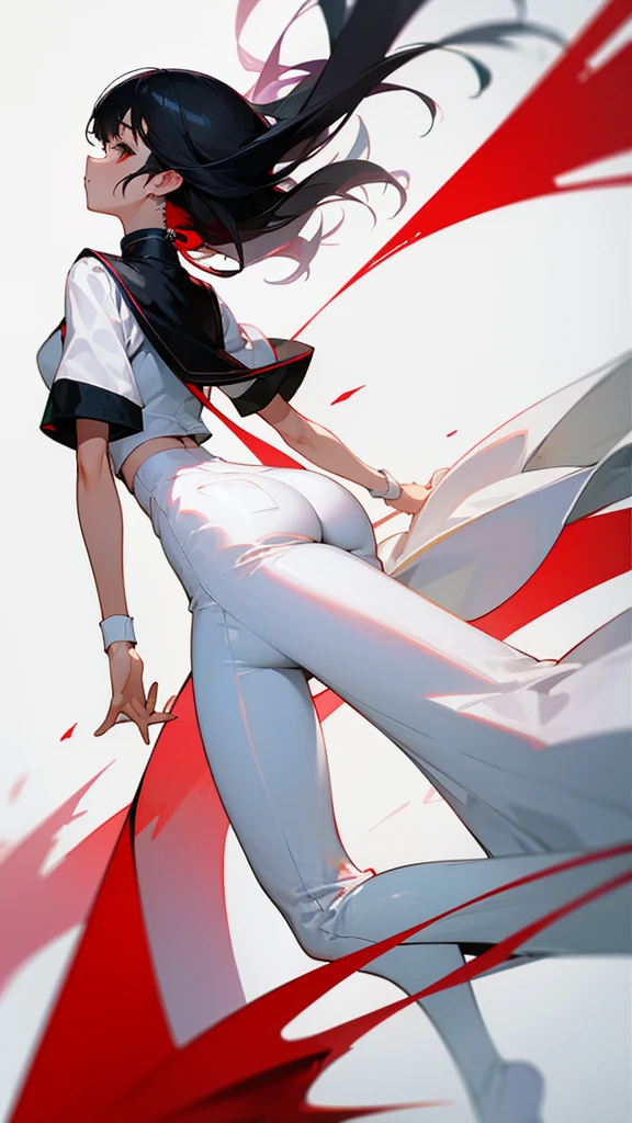 black tights、Desireful love、Black hair base、Hair Inner Color Red、skirt、Low - Angle、White Pants