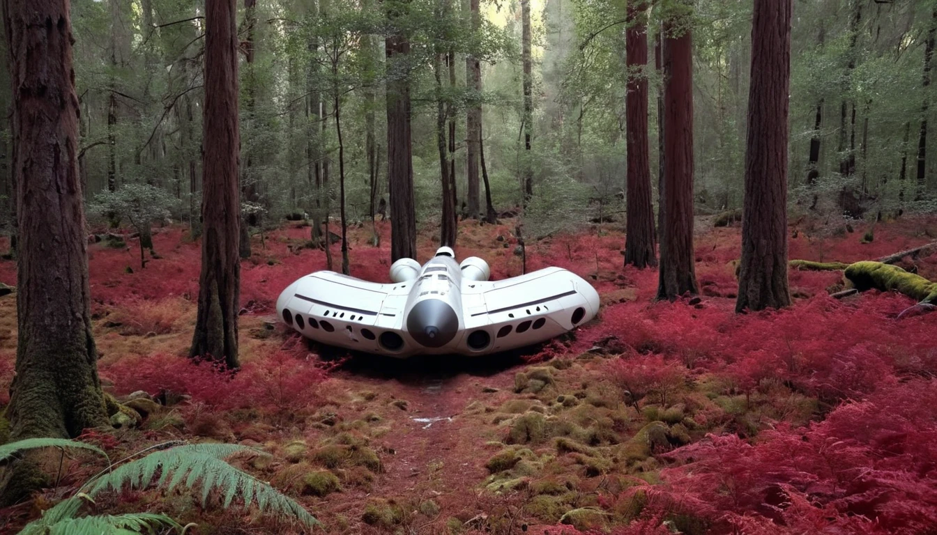 a spaceship landing in a clearing in the middle of a wonderful red forest, very detailed, photographic, cinematic, 4k, tree trunks with realistic texture, undergrowth also with reddish tones, an incredible forest worthy of fantasy books. broad view