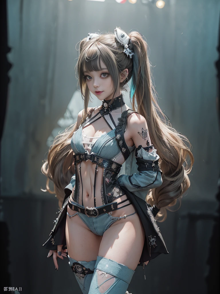 (Full Body View:1.4)、(Side view:1.1)、(Smiling with teeth showing:1.3),(Shibuya Gal:1.5)、(Gothic Lolita style fashion:1.5)、(Punk RockVisual Kei:1.5)、(Wearing a rhythmic gymnastics bodysuit with intricate details:1.4)、(Cloak de cour with delicate decorations in white, denim and turquoise:1.5)、(Denim with turquoise and white boots:1.3)、((belt))、(Numerous delicate logo marks all over the costume:1.4)、(collar:1.3)、(Striped underwear:1.5)、20-year-old、NSFW、((Highest quality、In 8K、masterpiece:1.3))、Sharp focus:1.2、(Layered Cut、Beautiful boobs:1.1),Beautiful woman with perfect figure:1.4、(Sexy Gravure Pose:1.3)、Slender Abs:1.2、Highly detailed face and skin texture、Detailed eyes、double eyelid,(Twin tails:1.3)、(Brown-golden hair:1.3)、Gravure idol、(The background is the stage of the fashion show:1.3)、(Slim body:1.3),(Make your legs thinner:1.4),(clavicle:1.1)、(Thin thighs:1.2)