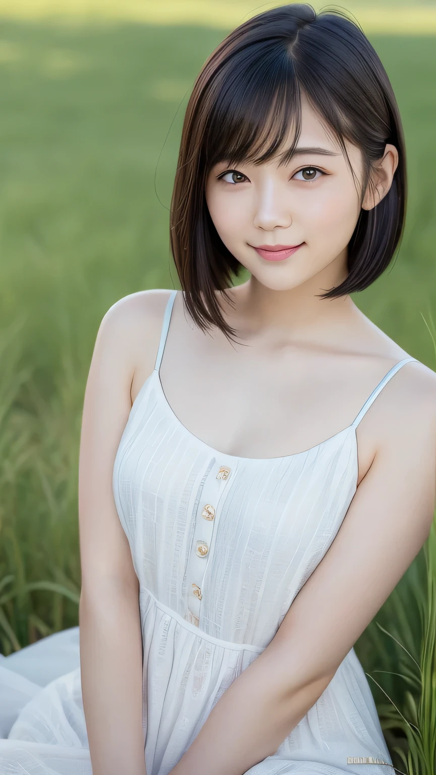 (Highest quality:1.5)、(Realistic:1.5)、(1 person:1.5)、(Upper Body:1.5)、Very detailed、High resolution、8k wallpaper、、Small breasts、Natural color lips、Cute Smile、Japanese women、20-year-old girl、Beautiful and elegant face、Perfect and beautiful face、Big eyes、Brunette's eyes、Beautiful and elegant face、Natural double eyelids、Natural Bangs、Beautiful thin nose、Beautiful Skin、Chestnut Hair、Medium Bob Hair、short hair、Natural Bangs、Perfect and beautiful face、Slim face and figure、(Staring at the camera with a cute expression)、Bright lighting、Professional Lighting、Forward lighting、Cute Smile、Summer blue sky、Mountain Grass Park、Look at the viewers、Low angle composition、(Staring at the camera with a cute expression)、Bright lighting、Professional Lighting、Forward lighting、Cute Smile、Beautiful clavicle、Beautiful legs:1.2、Smooth Skin、White floral dress、Sit on the grass、wariza, Place your hands between your legs、please sit down、Leaning forward、Shots from low angles、Sitting Girl、seiza、