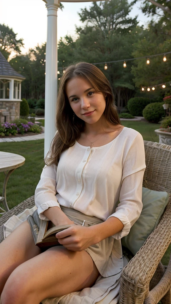 young woman, in the gazebo near the house, with a glass in hand and a book on the table, Cozy atmosphere