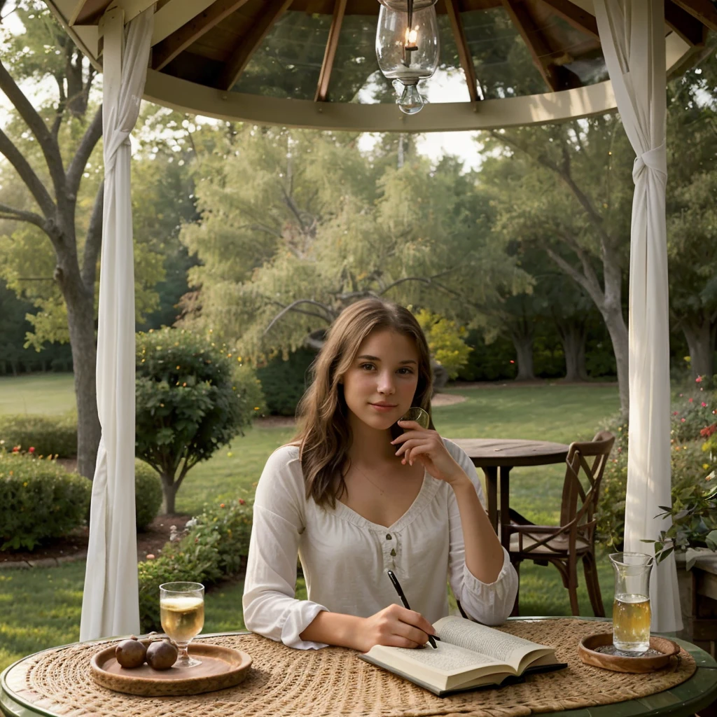 young woman, in the gazebo near the house, with a glass in hand and a book on the table, Cozy atmosphere