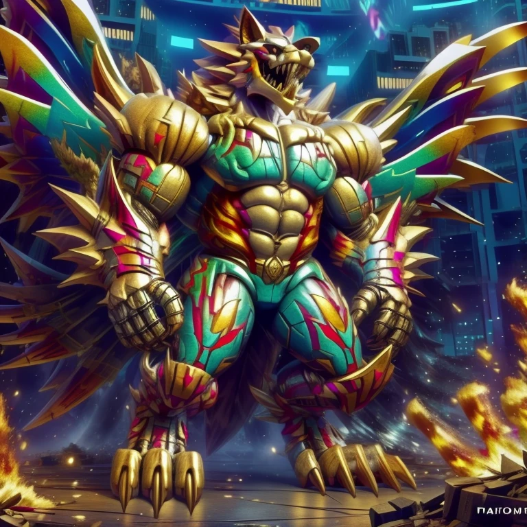 (masterpiece. official art. 8k. best quality. detailed full body. full body.)
(situation 1 : dominating The Phoenix Wolf. The Phoenix Wolf is over 1000 meters long. focus GIANT mechanical Muscular The Phoenix Wolf is trampling the car. Looking down.)
(situation 2 :smoke and flames rising from the destruction in the city)
(Additional details 1: Wearing GOLDEN Armor. Cape. Helmet. real texture material. whole body shines like metal. emphasizes the muscles. suit fully made of metal.Robotic suit).
(Additional details 1.5: The arms are golden. The lower half of the body is golden. The wolf-shaped helmet has sharp fangs. The whole body is golden.).
(Additional details 2: Detailed head. Detailed Body. Detailed abs. gigantic muscles. HYPER MUSCLES. Gigachad Muscular. big muscle. pecs. triceps. traps. unusually developed muscular body. body full of huge muscles. showing off muscles. pectorales enormes. Exaggeratedly huge muscles. huge muscles. long legs.).
(Additional details 3: nj5furry, Spread wings. It has wings. The claws are sharp. Sharp teeth.). He is laughing defiantly. The claws are sharp. Sharp teeth.). He is laughing defiantly.