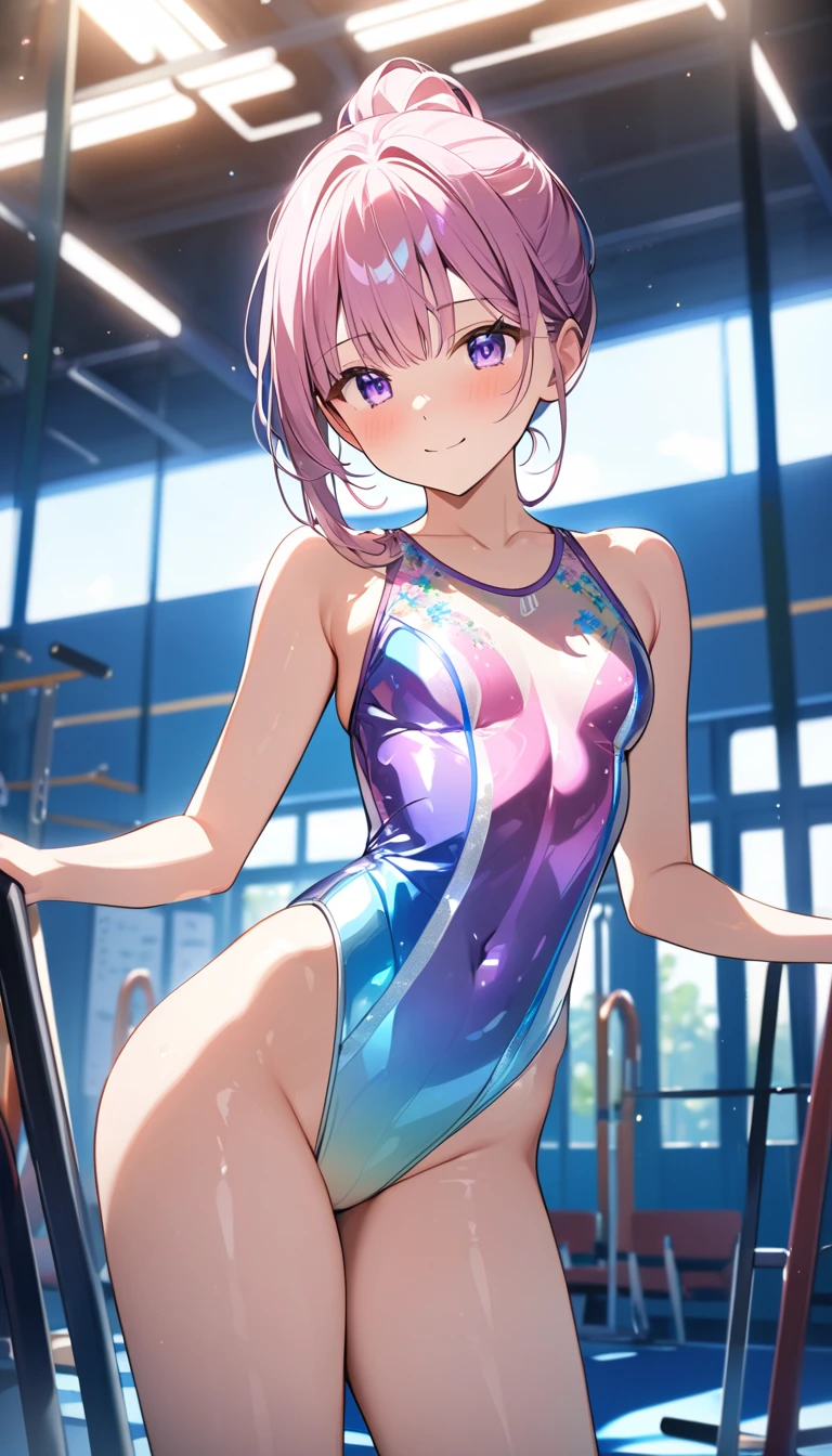 highquality illustration, masterpiece, very delicate and beautiful, attractive girl,(gymnastics leotard, Floral patterns leotard,long sleeve leotard with glittery decoration,high_leg leotard,athletic leotard,tight-fit leotard,iridescent gradient leotard),thin,slender body,slim,high school,gymnasium background,gymnastics club,gymnastics athlete,princess, beautiful eyes,light smile,(masterpiece, best quality:1.2), highres, extremely detailed CG unity 8k wallpaper, perfect lighting, Colourful, ultra-high res,4K,ultra-detailed, photography, 8K, HDR, 17 ages,