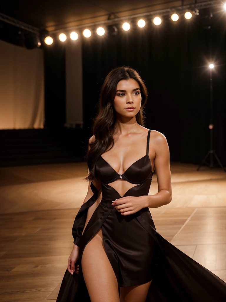 generated a full body of a 21 years old young woman with dark brown hair, medium size chest,she wear a really high end fashion dress, model walking on a luxurious stage set with soft, dim lighting and a sleek runway adorned with rose petals. In the center, a spotlight illuminates a confident female model showcasing exquisite lingerie. She exudes grace and allure, with her posture poised and her expression radiating confidence. Surrounding her are judges, their faces displaying a mix of admiration and scrutiny, evaluating her presentation. The atmosphere is charged with excitement and anticipation, capturing the essence of elegance and empowerment in the world of fashion,shes looking away from the camera