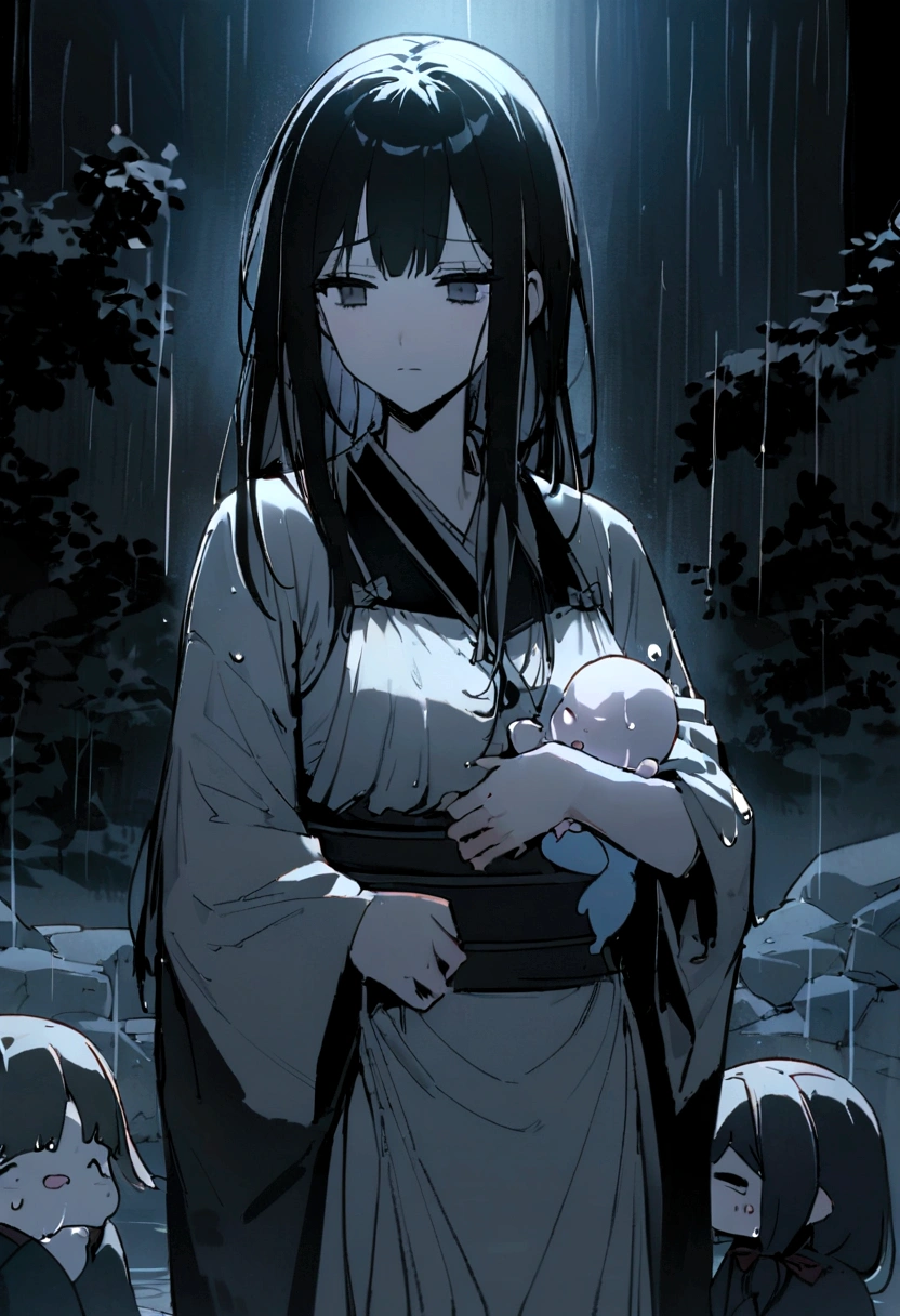 Japanese Yokai「Birds of Capture（Ubume）」Please draw。The era is the Edo period。Birds of Captureは、A ghost of a woman with long black hair that appears at night.、The image shows her breastfeeding her baby while getting wet in the rain.。She has a pale and sad face、Wearing white funeral clothes。hair is long and messy。Set the background as a dark and spooky forest and an old abandoned shrine。Create an overall sad and mysterious atmosphere.。