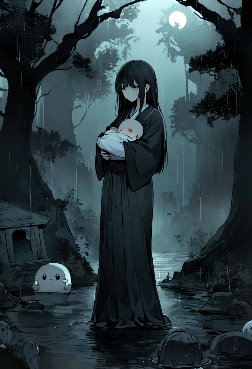 Japanese Yokai「Birds of Capture(Ubume)」Please draw。The era is the Edo period。Birds of Captureは、A ghost of a woman with long black hair that appears at night.、The image shows her breastfeeding her while getting wet in the rain.。She has a pale and sad face、Wearing white funeral clothes。hair is long and messy。Set the background as a dark and spooky forest and an old abandoned shrine。Create an overall sad and mysterious atmosphere.。