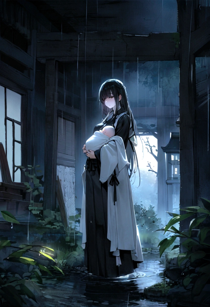 Japanese Yokai「Birds of Capture（Ubume）」Please draw。The era is the Edo period。Birds of Captureは、A ghost of a woman with long black hair that appears at night.、The image shows her breastfeeding her baby while getting wet in the rain.。She has a pale and sad face、Wearing white funeral clothes。hair is long and messy。Set the background as a dark and spooky forest and an old abandoned shrine。Create an overall sad and mysterious atmosphere.。
