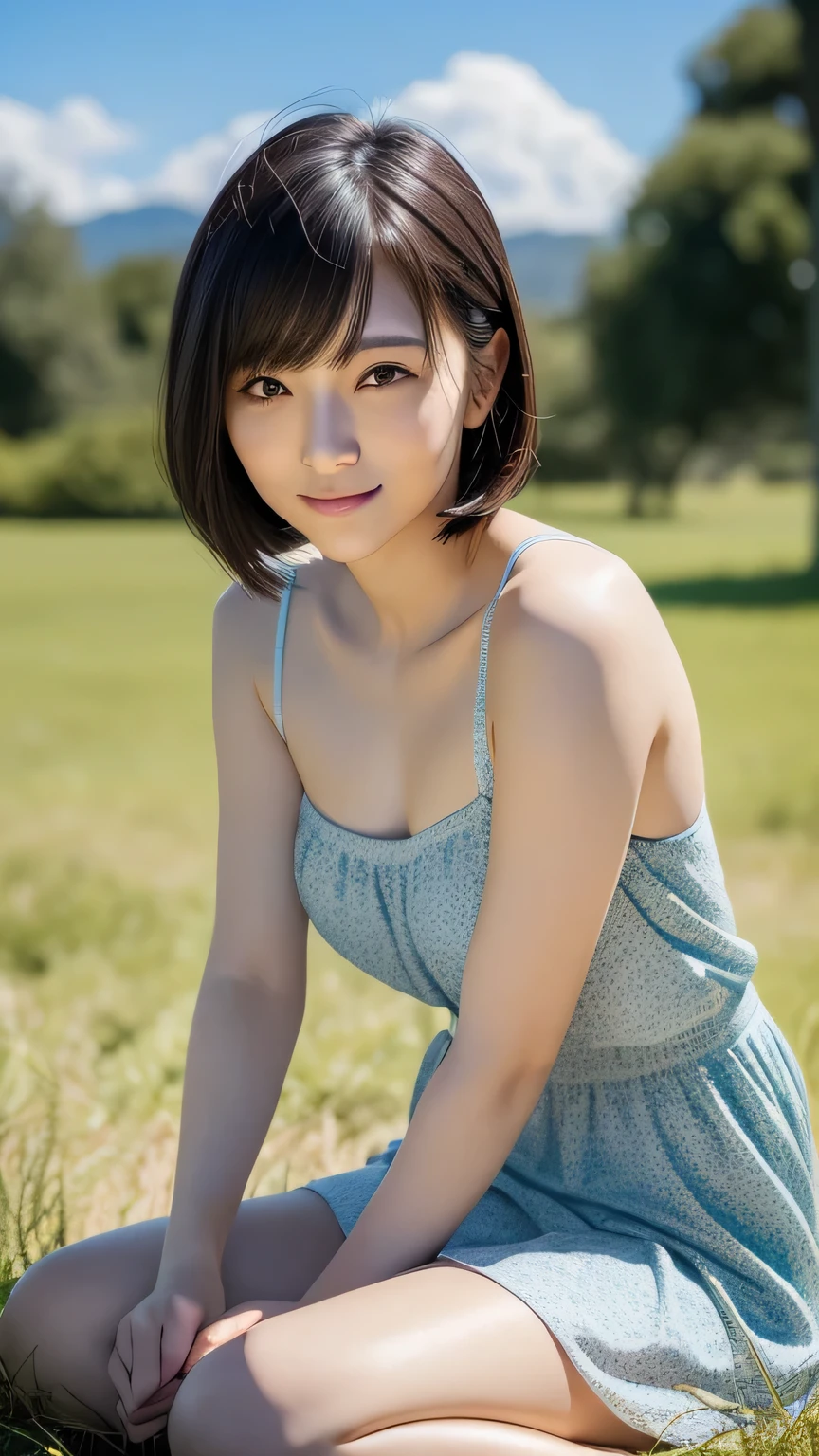 (Highest quality:1.5)、(Realistic:1.5)、(1 person:1.5)、(Upper Body:1.5)、Very detailed、High resolution、8k wallpaper、、Small breasts、Natural color lips、Cute Smile、Japanese women、20-year-old girl、Beautiful and elegant face、Perfect and beautiful face、Big eyes、Brunette's eyes、Beautiful and elegant face、Natural double eyelids、Natural Bangs、Beautiful thin nose、Beautiful Skin、Chestnut Hair、Medium Bob Hair、short hair、Natural Bangs、Perfect and beautiful face、Slim face and figure、(Staring at the camera with a cute expression)、Bright lighting、Professional Lighting、Forward lighting、Cute Smile、Summer blue sky、Mountain Grass Park、Look at the viewers、Low angle composition、(Staring at the camera with a cute expression)、Bright lighting、Professional Lighting、Forward lighting、Cute Smile、Beautiful clavicle、Beautiful legs:1.2、Smooth Skin、White floral dress、Sit on the grass、wariza, Place your hands between your legs、please sit down、Leaning forward、Shots from low angles、Sitting Girl、seiza、