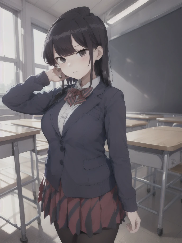 masterpiece, best quality, 1girl, solo, komi-san wa komyushou desu, ks , blue jacket, white shirt, striped bowtie, red skirt, black pantyhose, looking at viewer, (classroom), cowboy shot 