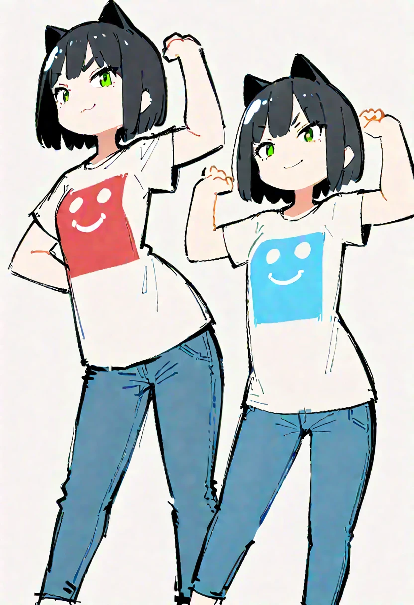 (((Dynamic pose))),((Smiling expression)) ,(Thick painting style),Bold line, ((masterpiece,)),(((Highest quality))),(sketch),((Girls in their 20s)),Short black hair,Black cat ears,T-Shirts,jeans