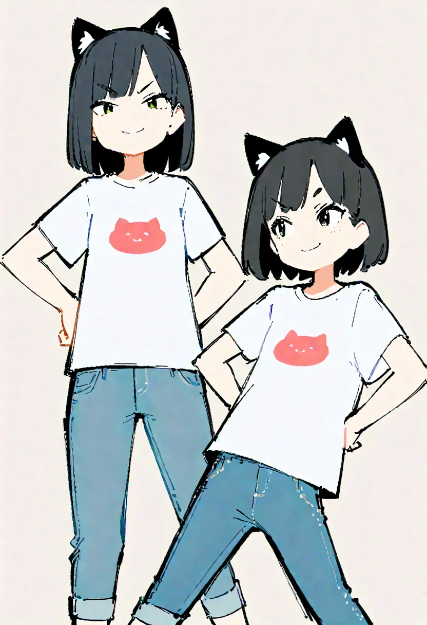 (((Dynamic pose))),((Smiling expression)) ,(Thick painting style),Bold line, ((masterpiece,)),(((Highest quality))),(sketch),((Girls in their 20s)),Short black hair,Black cat ears,T-Shirts,jeans
