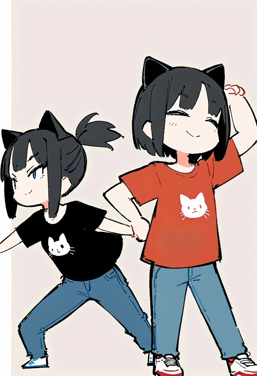 (((Dynamic pose))),((Smiling expression)) ,(Thick painting style),Bold line, ((masterpiece,)),(((Highest quality))),(sketch),((Girls in their 20s)),Short black hair,Black cat ears,T-Shirts,jeans