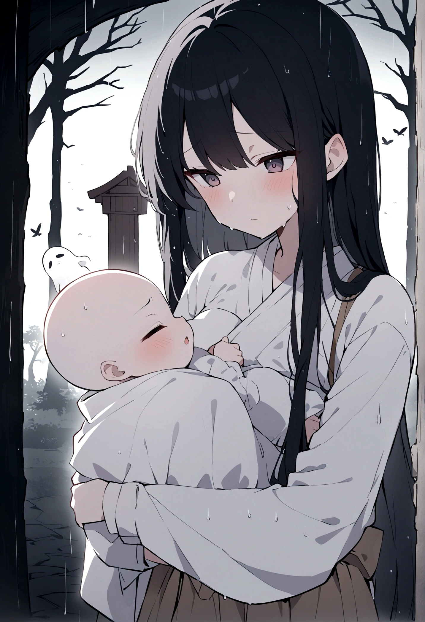 Japanese Yokai「Birds of Capture（Ubume）」Please draw。The era is the Edo period。Birds of Captureは、A ghost of a woman with long black hair that appears at night.、The image shows her breastfeeding her baby while getting wet in the rain.。She has a pale and sad face、Wearing white funeral clothes。hair is long and messy。Set the background as a dark and spooky forest and an old abandoned shrine。Create an overall sad and mysterious atmosphere.。