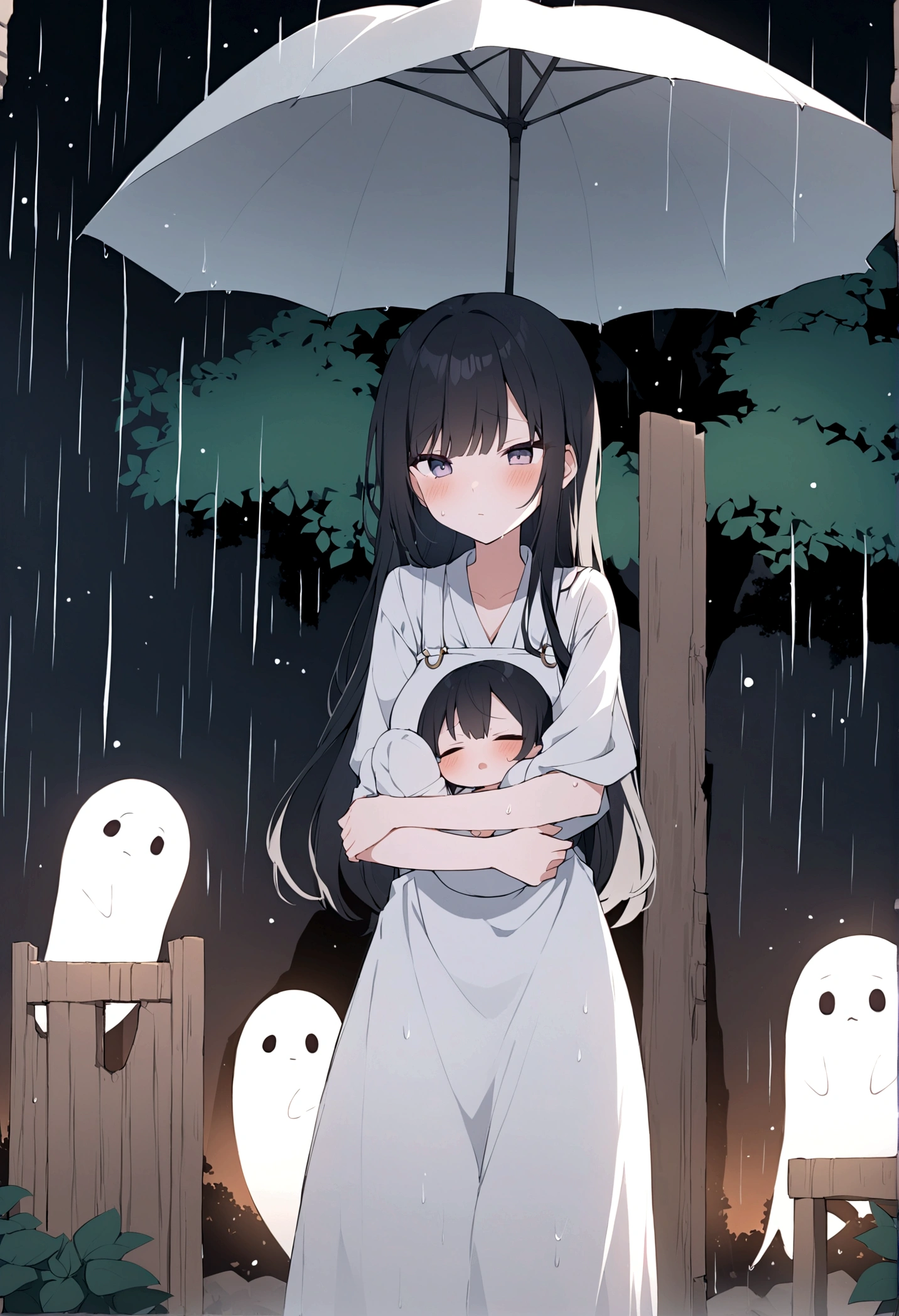 Japanese Yokai「Birds of Capture(Ubume)」Please draw。The era is the Edo period。Birds of Captureは、A ghost of a woman with long black hair that appears at night.、The image shows her breastfeeding her baby while getting wet in the rain.。She has a pale and sad face、Wearing white funeral clothes。hair is long and messy。Set the background as a dark and spooky forest and an old abandoned shrine。Create an overall sad and mysterious atmosphere.。