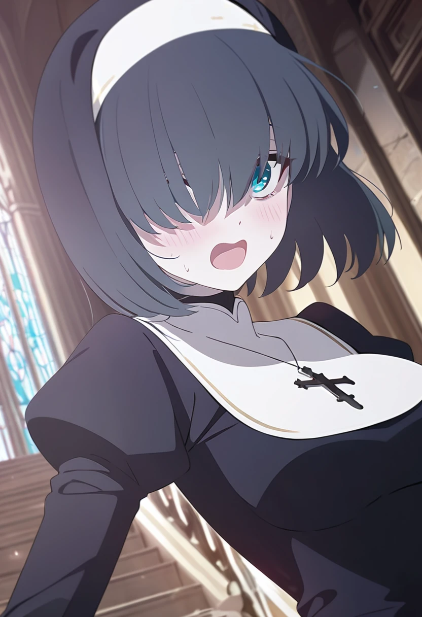 1girl, nun, cross, cross necklacke, jewelry, black hair, turquoise bangs, very short hair, hair over eyes, pale skin, medium breasts, turquoise eyes, black dress, buidling, upstairs, blushing, surprised, (masterpiece), best quality, anime style