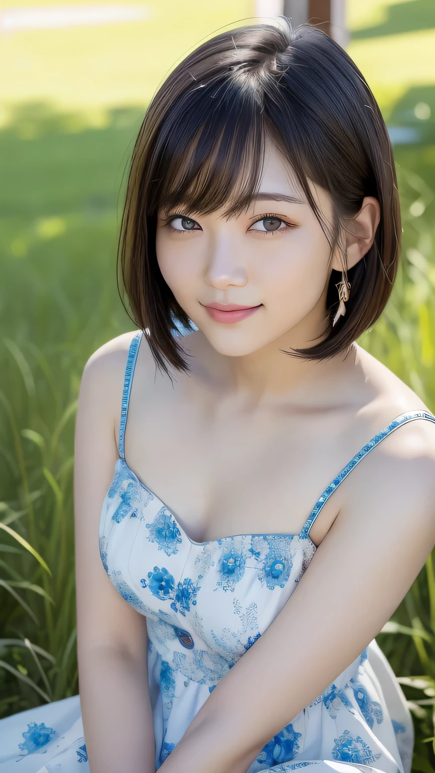 (Highest quality:1.5)、(Realistic:1.5)、(1 person:1.5)、(Upper Body:1.5)、Very detailed、High resolution、8k wallpaper、、Small breasts、Natural color lips、Cute Smile、Japanese women、20-year-old girl、Beautiful and elegant face、Perfect and beautiful face、Big eyes、Brunette's eyes、Beautiful and elegant face、Natural double eyelids、Natural Bangs、Beautiful thin nose、Beautiful Skin、Chestnut Hair、Medium Bob Hair、short hair、Natural Bangs、Perfect and beautiful face、Slim face and figure、(Staring at the camera with a cute expression)、Bright lighting、Professional Lighting、Forward lighting、Cute Smile、Summer blue sky、Mountain Grass Park、Look at the viewers、Low angle composition、(Staring at the camera with a cute expression)、Bright lighting、Professional Lighting、Forward lighting、Cute Smile、Beautiful clavicle、Beautiful legs:1.2、Smooth Skin、White floral dress、Sit on the grass、wariza, Place your hands between your legs、please sit down、Leaning forward、Shots from low angles、Sitting Girl、seiza、