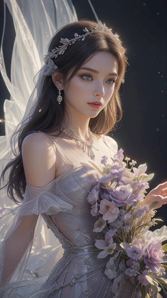 (Best quality,8K,A high resolution,Masterpiece:1.2),Ultra-detailed,(Realistic,Photorealistic,photo-realistic:1.37),Portrait,Creative style artwork,Historical,classical,Sophisticated,plethora of colors,Highly detailed,Soft lighting,luxurious environment,Delicate fairy flowing dress,Vibrant flowers,detailed jewellery,Ethereal atmosphere,Elegant Pose,Graceful curves,Gold body proportions，Flowing hair,Breathtaking textile patterns,Clear shiny purple eyes,Delicate floral decoration,A dazzling array of crystal diamond fittings,Mysterious and dreamy atmosphere,Impeccable attention to detail.