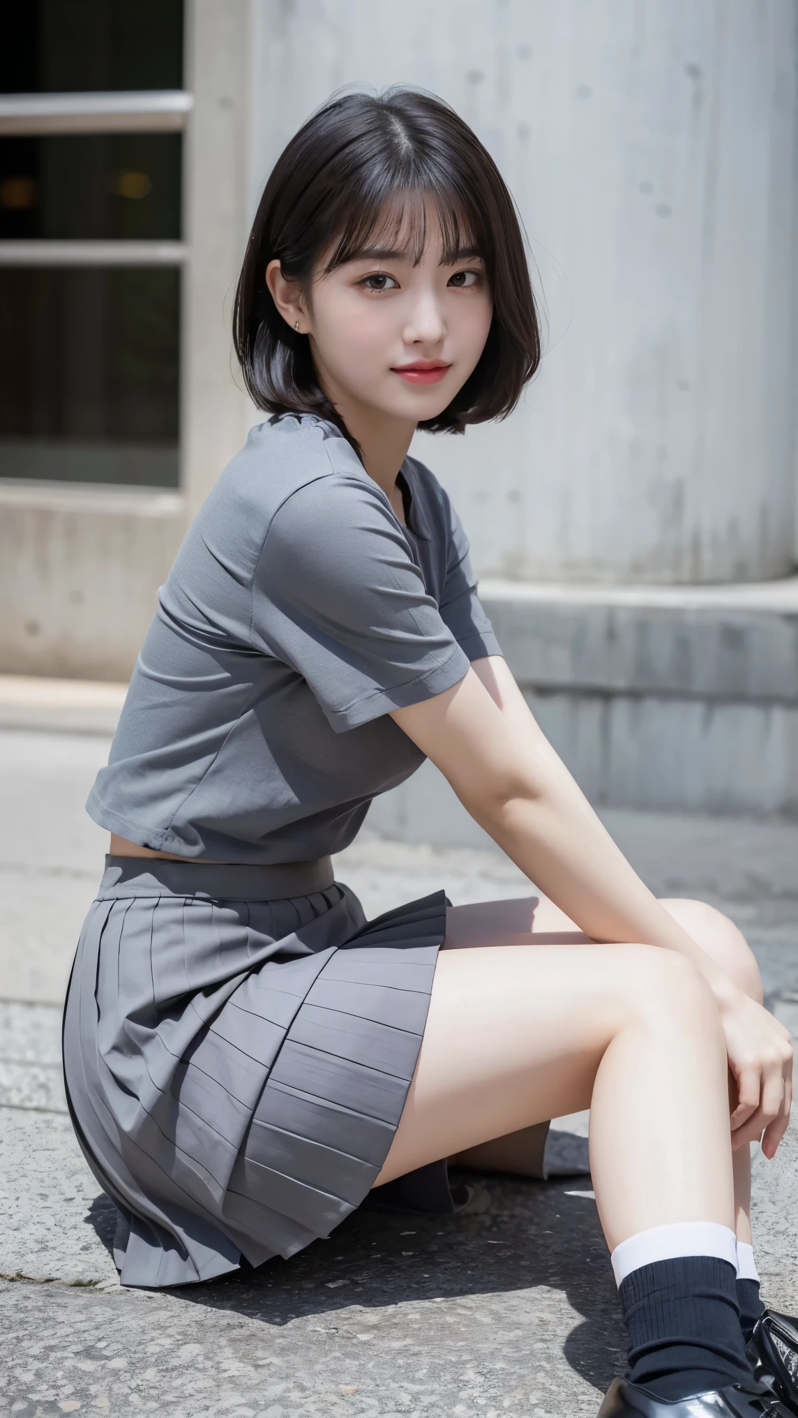 (8k), (highest quality: 1.2), (Realistic), (Realistic: 1.37), Ultra-high resolution, (1 girl), cute, A shy smile, Mouth closed,(Red cheeks with embarrassment:1.3), Beautiful details, Beautiful Nose, Black short bob hair, bangs,Giant Dulcefo,University Uniforms,(Simple white Y-shirt:1.3),(Pleated gray skirt:1.3),(Sitting:1), Sitting on the ground in the city at night,(closed up shiny legs:1.2),(From the side),Bring your face closer