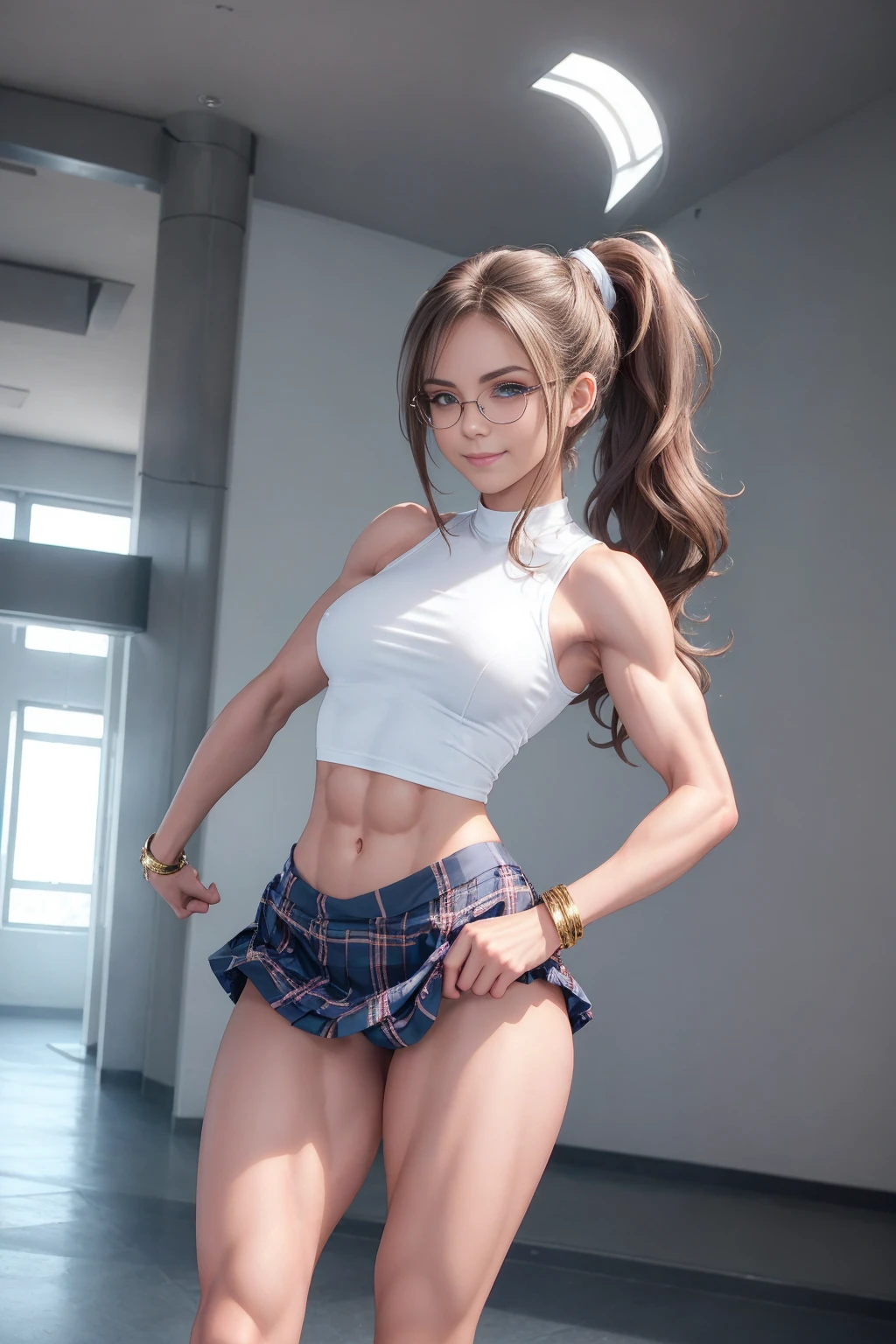 Cute, gorgeous, Caucasian girl, fit, (muscular:1.2), 20, (flexing biceps:1.5), abs, slender, slim, long flowing brown hair, blue eyes, glamorous, seductive, stunning, flawless, perfect, beautiful, cute, pretty, makeup, flirtatious smile, masterpiece, 8k, highly detailed, sexy, tight plaid skirt, tied up white button up top, seductive smile, large breasts, firm small buttocks, perfect ass, enhanced curves, abs, with her standing up slightly bent, high heel knee high boots, big glasses, (toned and defined muscles), high ponytail, wavy hair, leaning forward, indoor, classroom detention,(head to toe view), photo by arny freytag