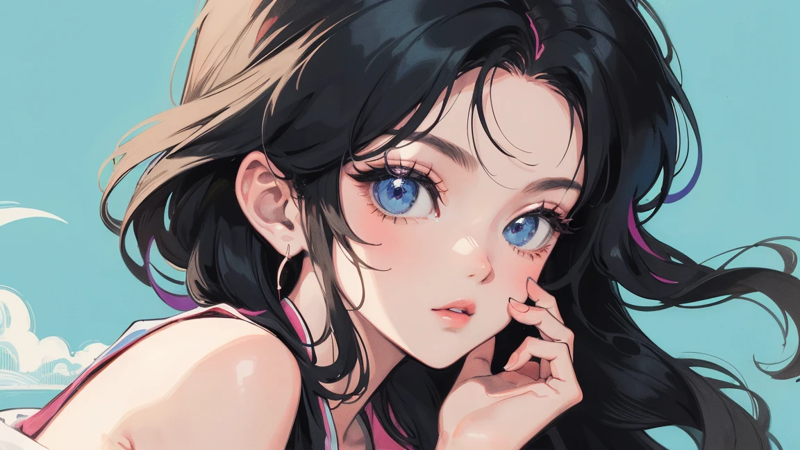 masterpiece, Highest quality, Rainbow Style, anime, Beautiful Asian Girl, K-Pop aesthetics and style, 80s American hippie style, Along the Hawaiian Coast, Cute and dreamy,anime,Illustrator,LOFI Girl,