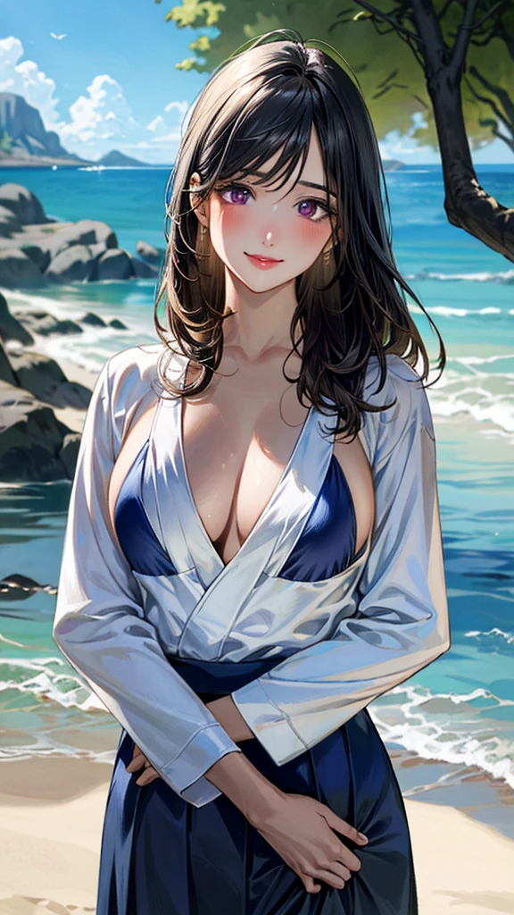 (masterpiece:1.3, Highest quality, Ultra-high resolution, Super detailed), (Realistic, photoRealistic:1.4), Beautiful illustrations, Perfect lighting, Natural light, colorful, Depth of written boundary, Surrealism,
Beautiful detailed hair, Beautifully detailed face, Beautiful attention to detail, Beautiful clavicle, Beautiful body, Beautiful breasts, Beautiful thighs, Beautiful feet, Beautiful fingers, Shiny skin, 
View your viewers, 1 Girl, Japanese, , (Perfect Anatomy, Anatomically correct, Highly detailed skin), Cute and symmetrical face, Baby Face, Perfect Face, Perfect Eyes, thin, 
(Long Hair:1.8, Straight hair, Black Hair), bangs, Purple eyes, Droopy eyes, Long eyelashes, Large Breasts、
Blue skirt style bikini,　White rash guard,
(Beautiful views), noon, Seaside,  (Cute smile, Part your lips),