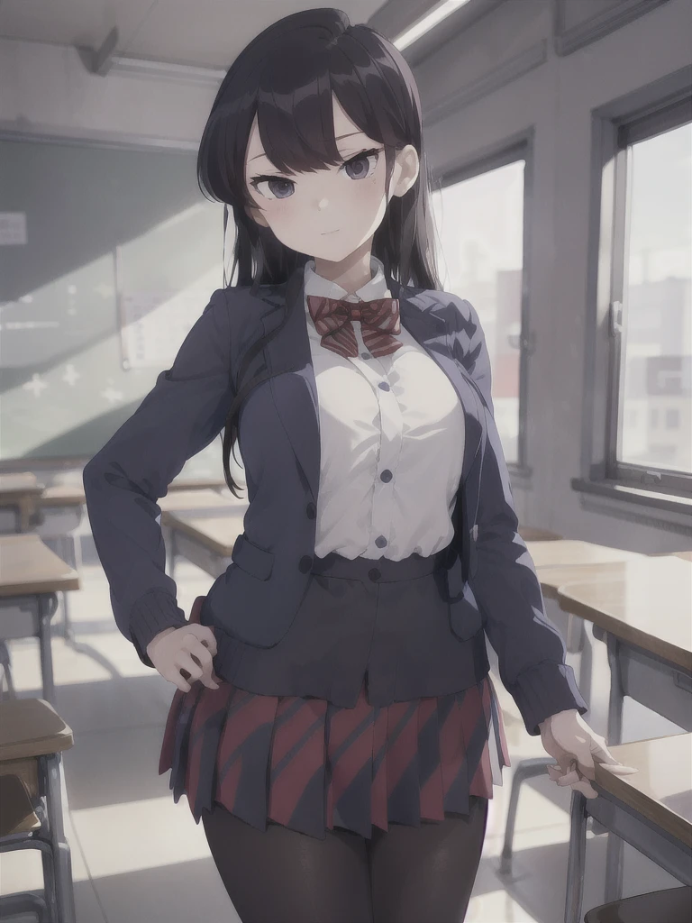 masterpiece, best quality, 1girl, solo, komi-san wa komyushou desu, ks , blue jacket, white shirt, striped bowtie, red skirt, black pantyhose, looking at viewer, (classroom), cowboy shot 