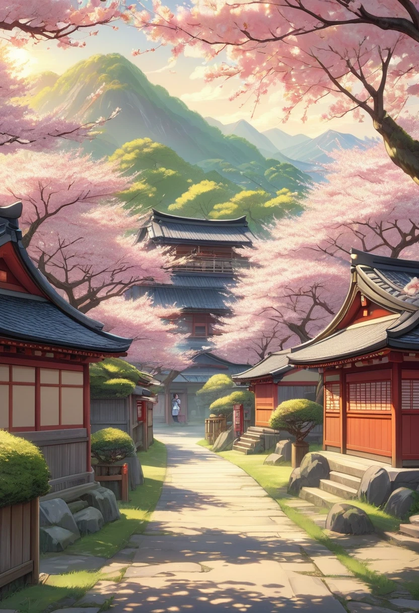 Beautiful shrine scenery, cherry blossoms, loose, anime Background Art, Japanese Art Style, Beautiful anime scene, Detailed Landscape - Width 672, Background Art, Anime scenery, Anime Background, Beautiful anime scenery, Beautiful peaceful scene in anime, Landscape painting, Japanese Village, Anime scenery concept art, 8K))