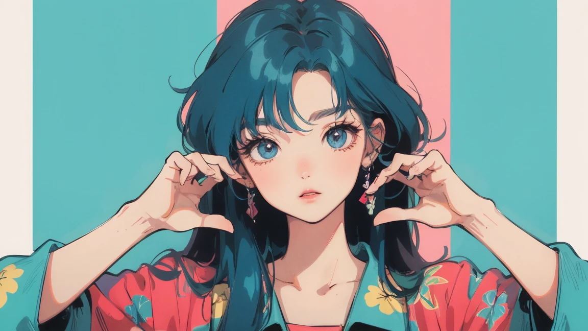 masterpiece, Highest quality, Rainbow Style, anime, Beautiful Asian Girl, K-Pop aesthetics and style, 80s American hippie style, Along the Hawaiian Coast, Cute and dreamy,anime,Illustrator,LOFI Girl,