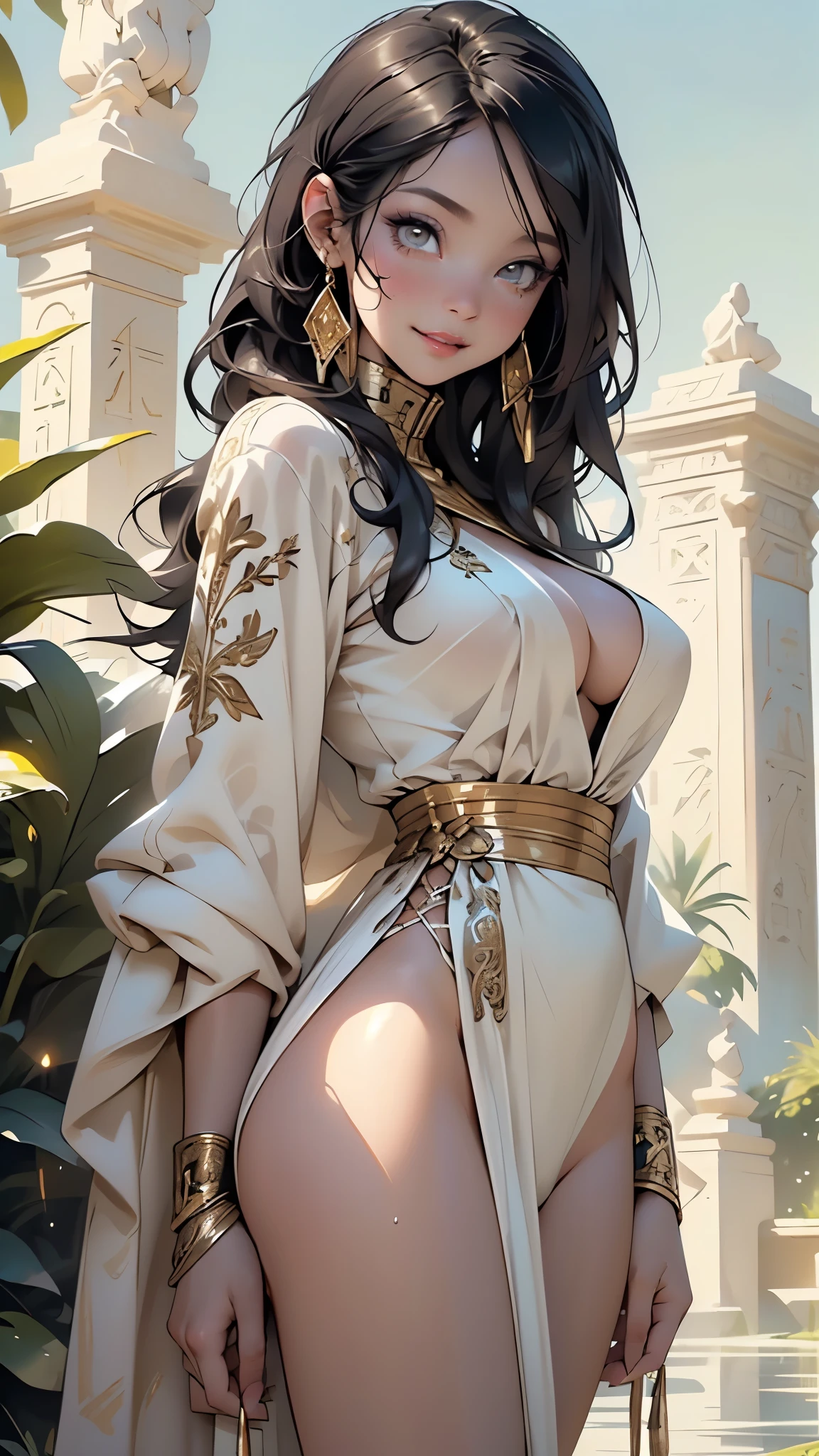 girl from ancient Egypt,1girl,((young girl,16 years old girl,young)),
(large breasts:1.5),saggy breasts,(((black hair:1.4,straight hair,long hair:1.4,colored inner hair))),(((gold_eyes:1.3))),intricate eyes,beautiful detailed eyes,symmetrical eyes,((((dark skin:1.4,lustrous skin:1.5,bright skin: 1.5,skin tanned,shiny skin,very shiny skin,shiny body)))),(spider lower abdomen,narrow waist,wide hip,bimbo body,inflated legs,thick thighs),(((detailed face))),beautiful detailed lips,
(cute,slutty,sensual,seductive look,seductive,((erotic)),opulent,sumptuous,(((nsfw)))),
revealing clothing,show skin,cleavage,(barefoot,),princess,goddess,beautiful white clothes: 1.3,fantasy,((white silk:1.3)),(robe top),((eyeshadow,egyptian makeup,eyelid makeup,gold lips,gold lipstick)),(((Transparent cloth,wet clothes,intricate outfit,embroidered outfit,ornate outfit,intricate clothes,embroidered clothes,ornate clothes))),
dynamic and seductive pose,looking at viewer,(smirk,beautiful smile),centered,scale to fit dimensions,Rule of thirds,
outdoors,egyptian imperial pillars,((imperial pillars background,egyptian imperial palace,egyptian imperial palace background,imperial pyramids in the background)),scenery,extremely scenery,(puddles everywhere,moss,moss on the background), Egypt style,Egypt imperial palace,(sunset, golden hour),
(Glossy Egyptian ornaments),highres,sharp focus,(ultra detailed,extremely detailed),(photorealistic artwork:1.37),(extremely detailed CG unity 8k wallpaper),(((vibrant colors,vibrant theme))),(intricate),(masterpiece),(best quality),artistic photography,(photography taken by sldr),(intricate background),perfect rendered face,perfect face details,realistic face,photo realistic,((intricate detail)),(((realism))),